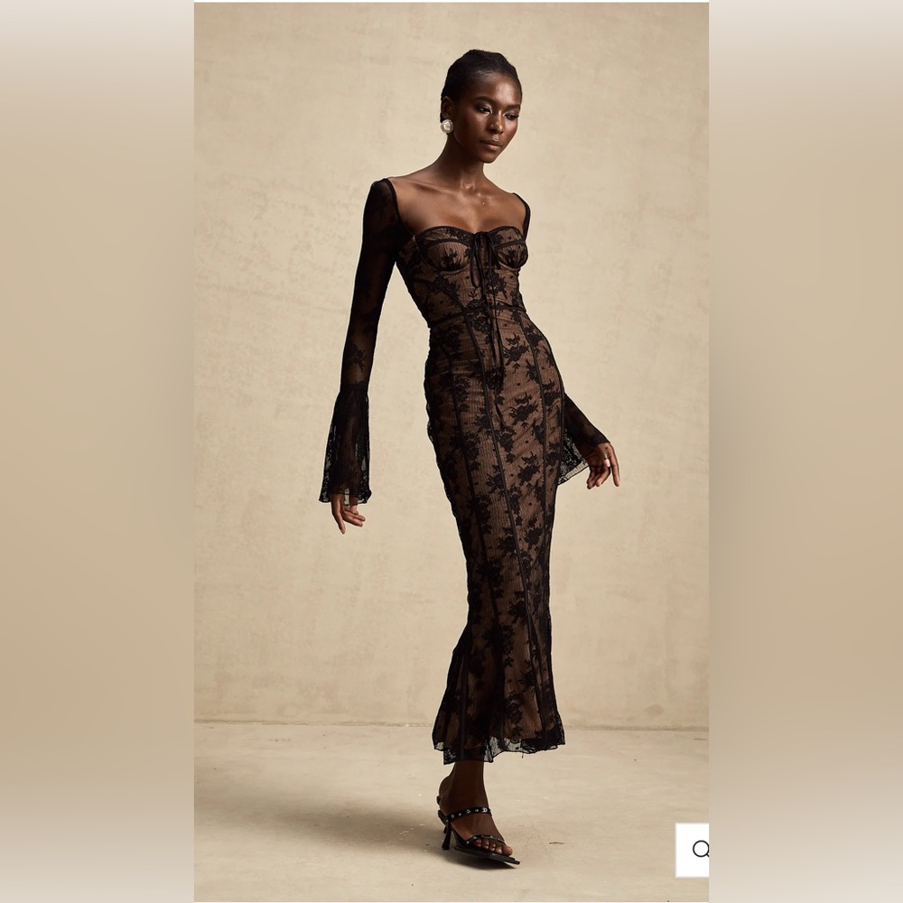 Sheer Lace Long Sleeve Corset Dress - Black